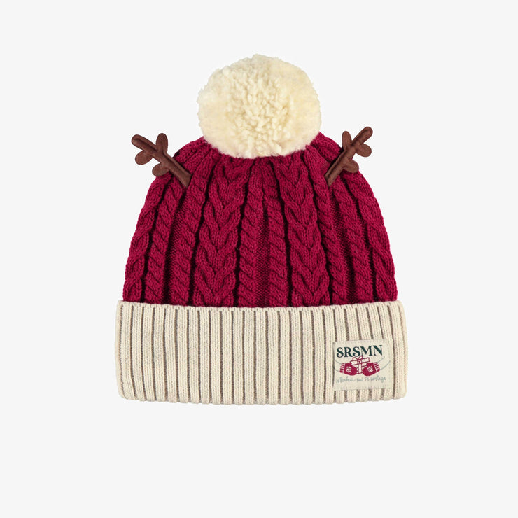 Tuque de maille rouge et crème avec bois de renne, bébé || Red and cream knit toque with reindeer antlers, baby