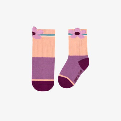 Chaussettes pêche et mauve avec une fleur, bébé || Peach and mauve socks with a flower, baby