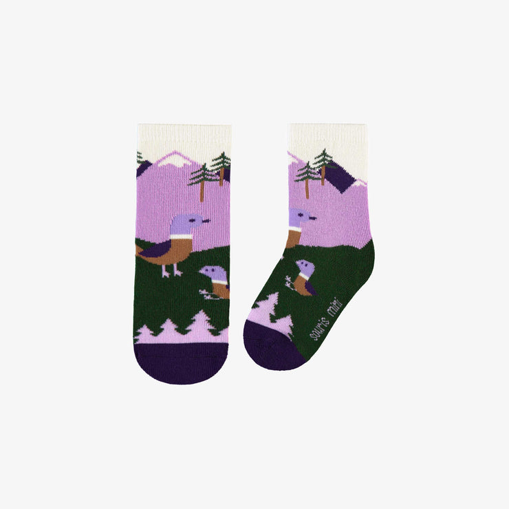 Chaussettes mauves avec un paysage et des canards, bébé || Purple socks with landscape and ducks, baby