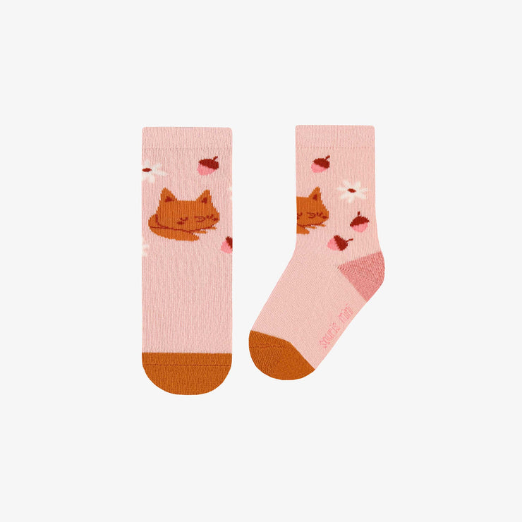 Chaussettes rose pâle avec renards et des petites fleurs, bébé || Light pink socks with foxes and little flowers, baby