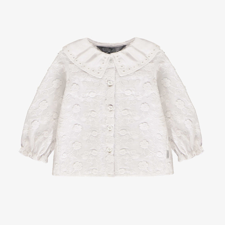 Chemise blanche à manches longues en voile de coton avec broderies, bébé || Long-sleeved white shirt in cotton veil with embroideries, baby