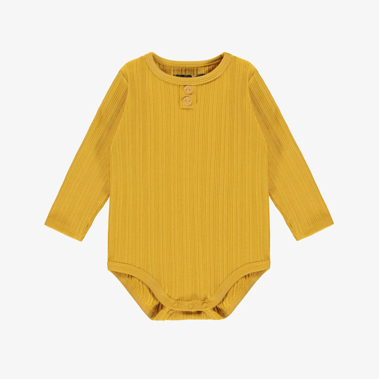 Cache-couche jaune à manches longues en tricôt côtelé, bébé || Yellow bodysuit with long sleeves in ribbed knit, baby