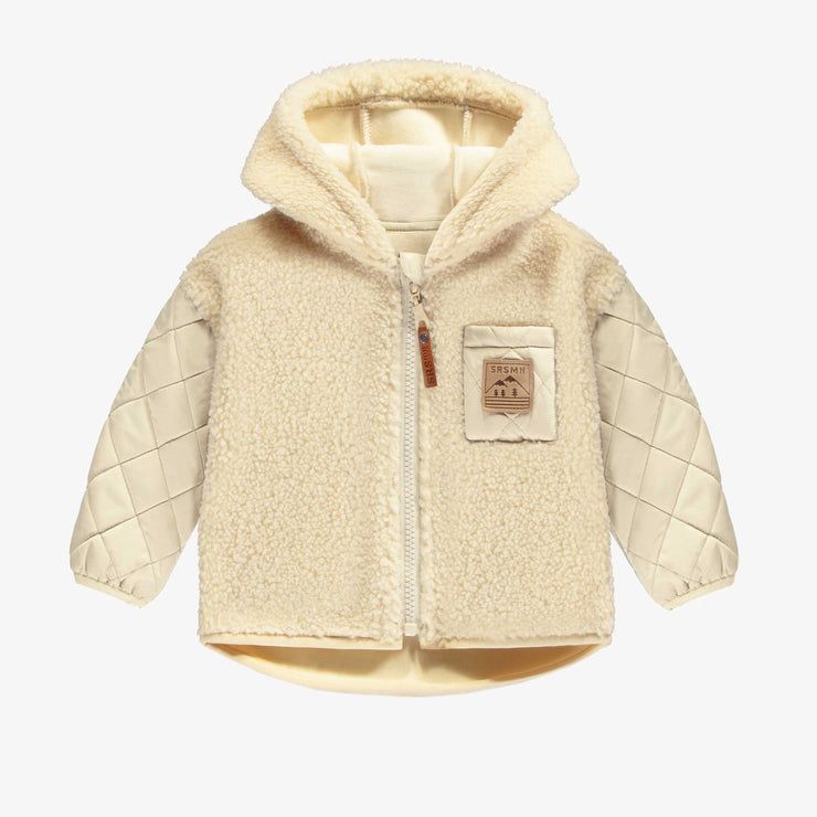 Veste crème à capuchon en matelassé et peluche, bébé || Cream hooded jacket in quilted and plush, baby