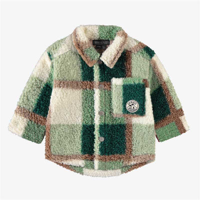 Surchemise à carreaux verts, crème et bruns en sherpa, baby || Green, cream and brown sherpa plaid overshirt, bébé