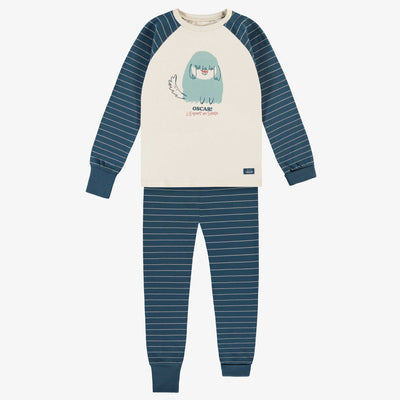 Pyjama rayé bleu et crème à manches longues, enfant || Blue and cream striped long-sleeved pyjamas, child