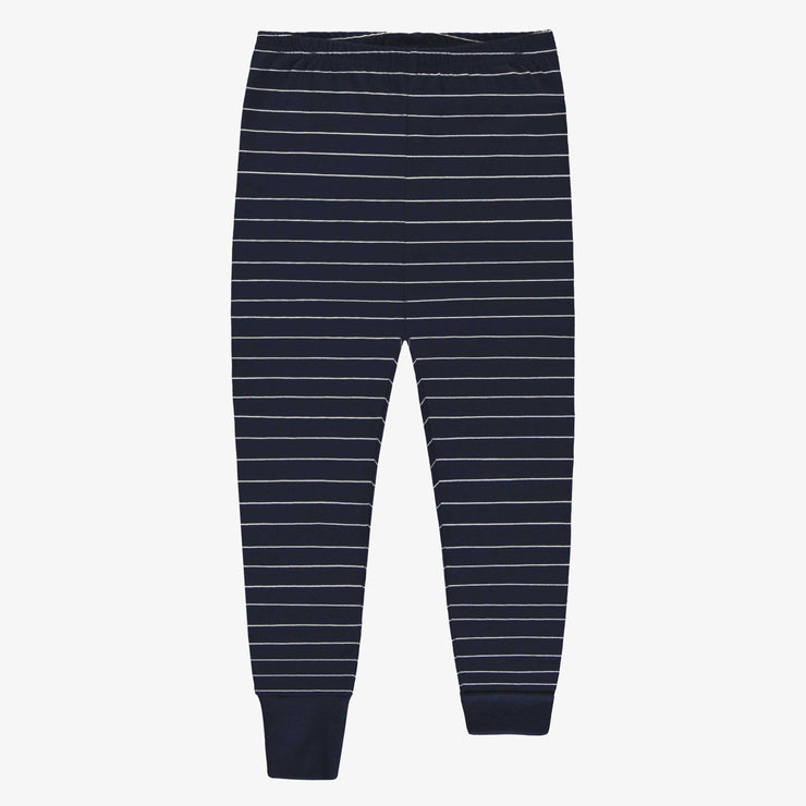 Pyjama deux-pièces marine et crème rayé avec illustration en jersey, enfant || Two pieces navy and cream striped pyjamas with illustration in jersey, child