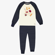 Pyjama deux-pièces marine et crème rayé avec illustration en jersey, enfant || Two pieces navy and cream striped pyjamas with illustration in jersey, child