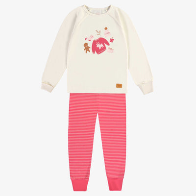 Pyjama rose et crème avec imprimé et rayures en jersey, enfant || Pink and cream pajamas with print and stripes in jersey, child