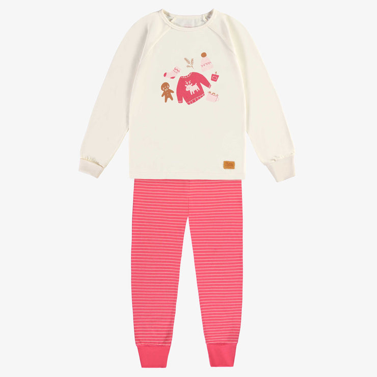 Pyjama rose et crème avec imprimé et rayures en jersey, enfant || Pink and cream pajamas with print and stripes in jersey, child