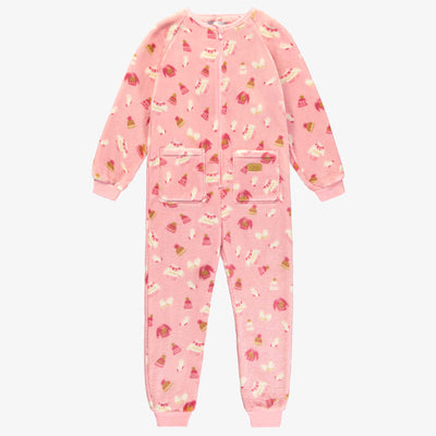 Pyjama une pièce rose à motifs en douce peluche, enfant || Pink one-piece pajamas with all over print in soft plush, child