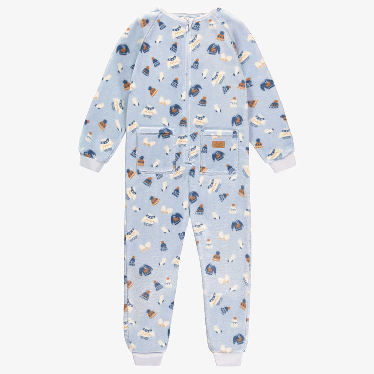 Pyjama une pièce bleu à motifs en douce peluche, enfant || Blue one-piece pajamas with all over print in soft plush, child