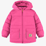 Manteau doudoune rose à col montant avec capuchon en nylon, enfant || Pink puffer coat with high collar and hood in nylon, child