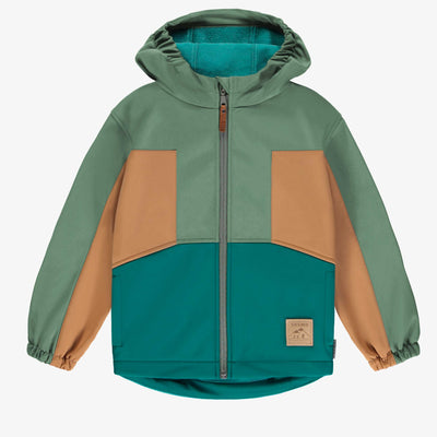 Manteau vert sauge à capuchon en coquille souple, enfant || Sage green hooded coat in soft shell, child