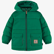 Manteau doudoune vert à col montant avec capuchon en nylon, enfant || Green puffer coat with high collar and hood in nylon, child