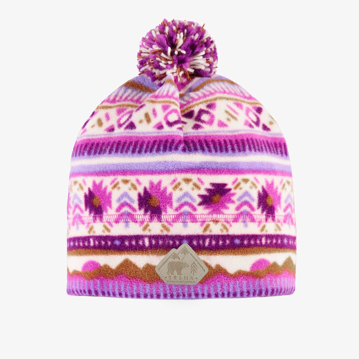 Tuque rose et mauve à motifs avec pompon en polar, enfant || Pink and purple patterned toque with pompom in fleece, child