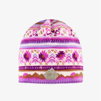 Tuque rose et mauve à motifs avec pompon en polar, enfant || Pink and purple patterned toque with pompom in fleece, child