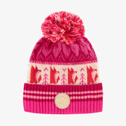 Tuque de maille rose et orange à motifs avec pompon, enfant || Pink and orange and toque with print and pompom, child