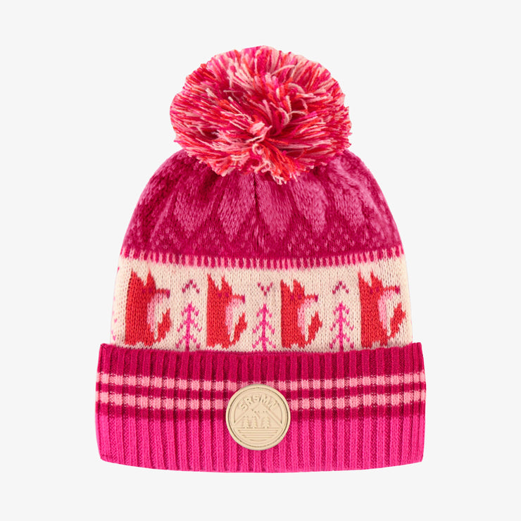 Tuque de maille rose et orange à motifs avec pompon, enfant || Pink and orange and toque with print and pompom, child