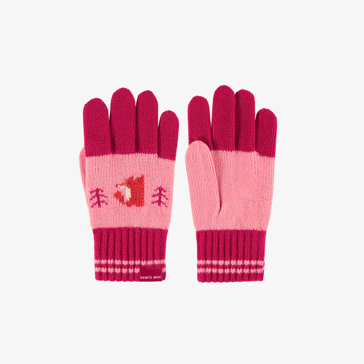 Gants rose et orange à motifs en maille, enfant || Pink and orange knitted gloves with print, child