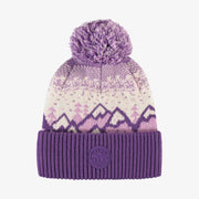 Tuque de maille mauve et crème à motifs avec pompon, enfant || Purple and cream and turquoise toque with print and pompon, child