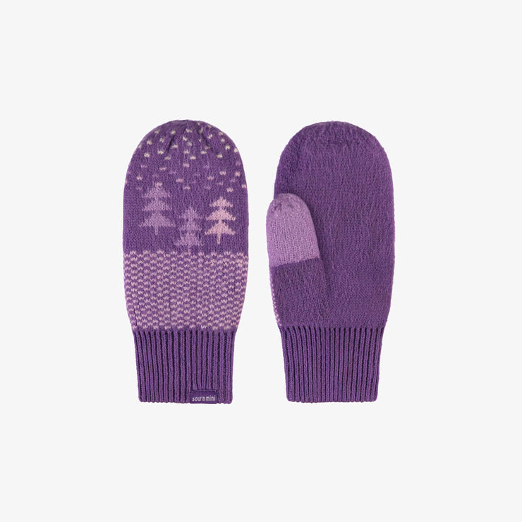 Mitaines mauves à motifs en maille, enfant || Purple knitted mittens with print, child