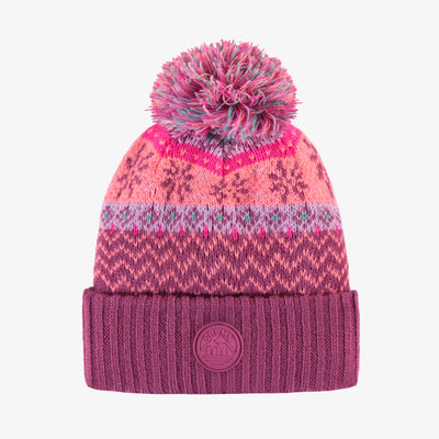 Tuque de maille rose, pêche et turquoise à motifs avec pompon, enfant || Pink, peach and turquoise toque with print and pompom, child