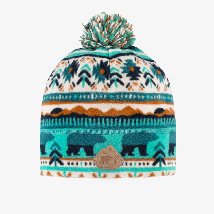 Tuque turquoise et crème à motifs avec pompon en polar, enfant || Turquoise and cream patterned toque with pompom in fleece, child