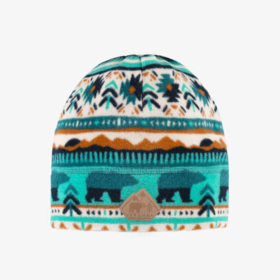 Tuque turquoise et crème à motifs avec pompon en polar, enfant || Turquoise and cream patterned toque with pompom in fleece, child