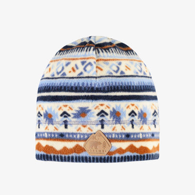 Tuque bleue et crème à motifs avec pompon en polar, enfant || Blue and cream patterned toque with pompom in fleece, child