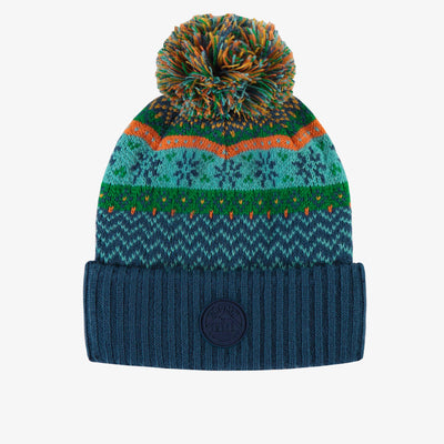 Tuque de maille bleue, verte, orange et turquoise à motifs avec pompon, enfant || Blue, green, orange and turquoise toque with print and pompom, child