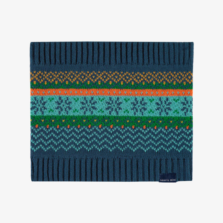 Cache-cou de maille bleu, vert, orange et turquoise à motifs, enfant || Blue, green, orange and turquoise patterned neck warmer, child