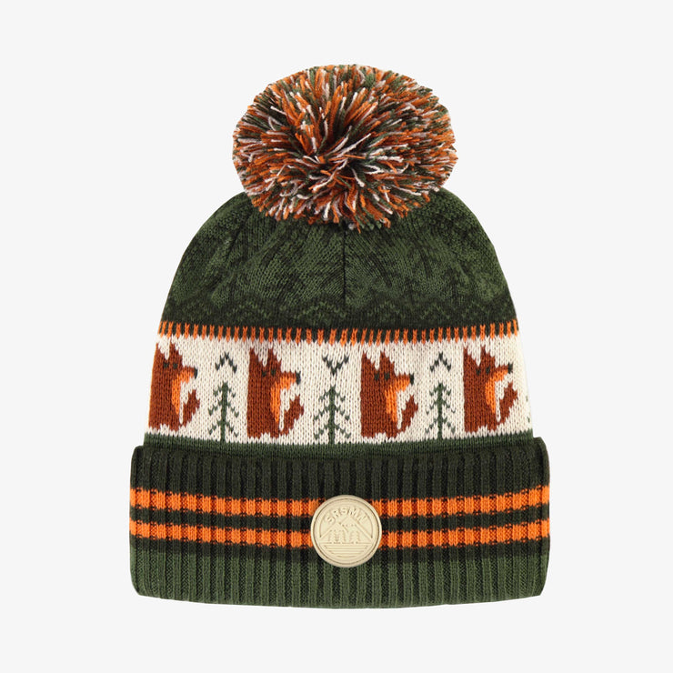 Tuque de maille vert et orange à motifs avec pompon, enfant || Green and orange and toque with print and pompon, child