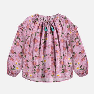 Chemise ample lilas fleuri à manches longues bouffantes en viscose, enfant || Floral lilac wide fit shirt with long puff sleeves in viscose, child