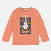 T-shirt à manches longues orange avec illustration de musique en jersey, enfant || Orange long-sleeved t-shirt with dogs in jersey, child Media 1 of 1