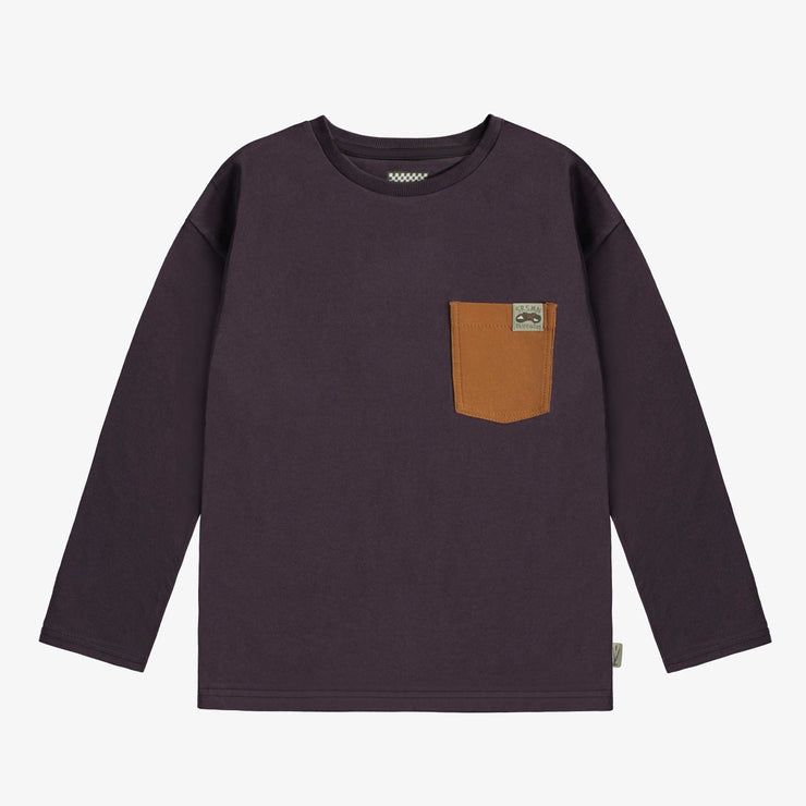 T-shirt prune à manches longues avec une poche en jersey, enfant || Plum long sleeved t-shirt with a front pocket in jersey, child