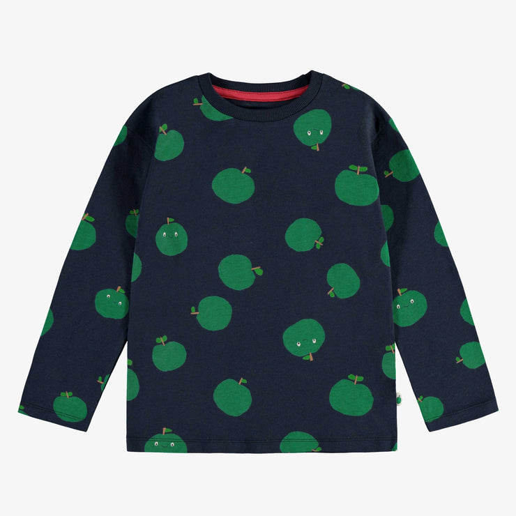 T-shirt marine manches longues à motifs de pommes vertes en jersey, enfant || Navy t-shirt with long sleeves and green apples print in jersey, child