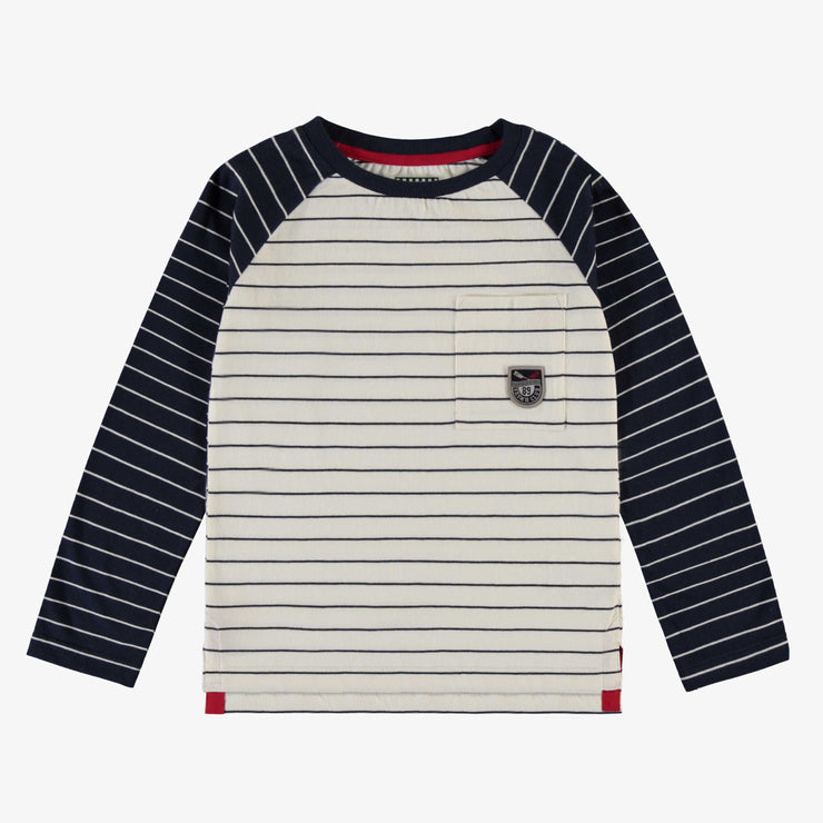 T-shirt manches longues crème à rayures en jersey, enfant || Long-sleeved cream t-shirt with stripes in jersey, child