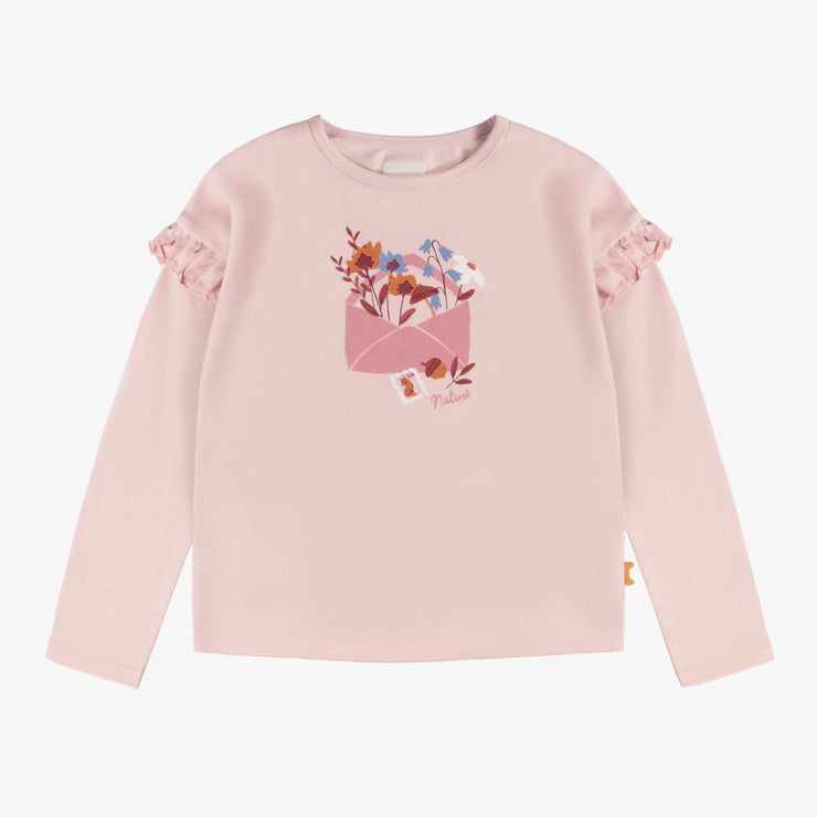 T-shirt rose pâle avec volants et illustration de fleurs en jersey extensible, enfant || Light pink t-shirt with ruffles and flower illustrations in stretch jersey, child