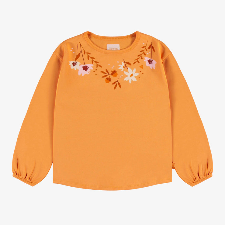 T-shirt abricot avec col rond à motif en jersey extensible, enfant || Apricot t-shirt with round neck adorned with pattern in stretch jersey, child