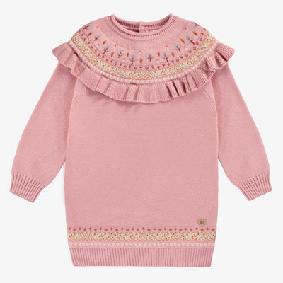 Robe de maille rose à manches longues avec motif jacquard fleuri , enfant || Long-sleeved pink knit dress with floral jacquard pattern, child