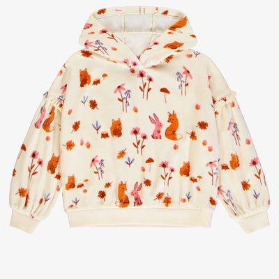 Chandail crème manches longues à volants et motifs de renard en velours, enfant || Cream sweater with long ruffled sleeves and fox all over print in velvet, child