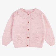 Veste de maille rose pâle avec col roulotté et détails ajourés, enfant || Light pink knitted vest with rolled collar and openwork details, child