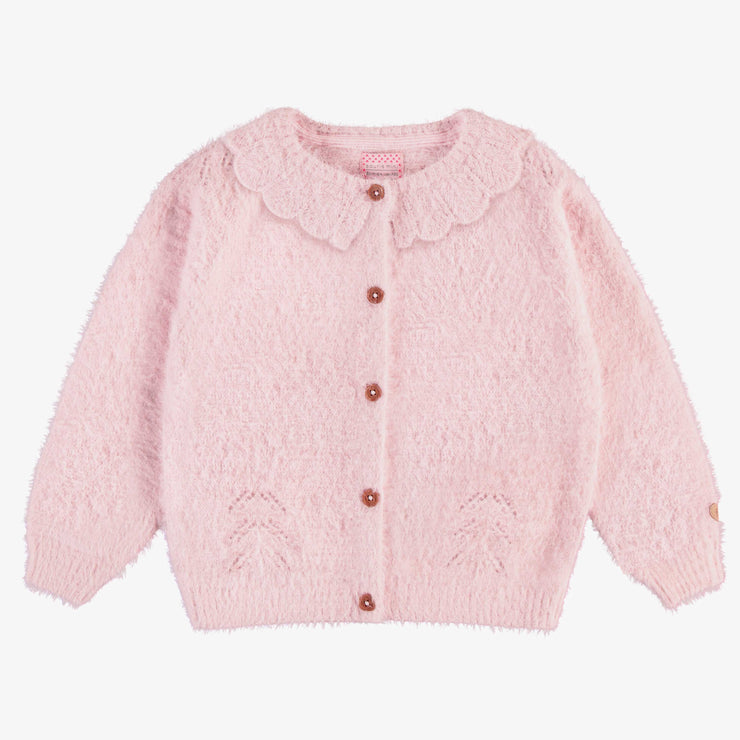 Veste de maille rose pâle avec col roulotté et détails ajourés, enfant || Light pink knitted vest with rolled collar and openwork details, child