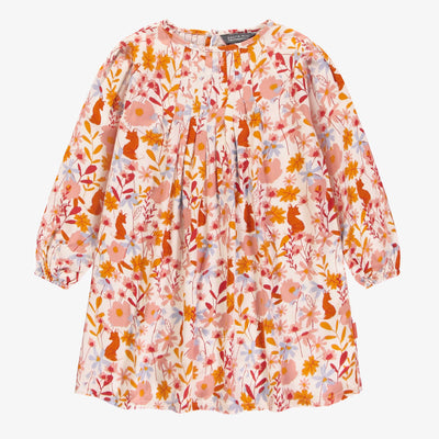 Robe crème manches longues à motifs de fleurs en viscose, enfant || Cream dress with long sleeves and flower all over print in viscose, child