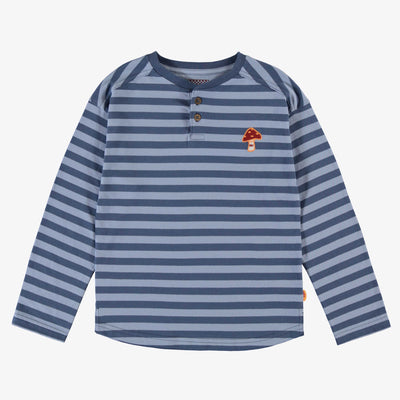 T-shirt bleu à rayures avec col henley en jersey, enfant || Blue striped t-shirt with henley collar in jersey, child