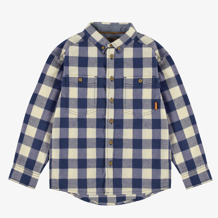 Chemise à carreaux bleu acier et crème en douce flanelle, enfant || Steel blue and cream plaid shirt in soft flannel, child