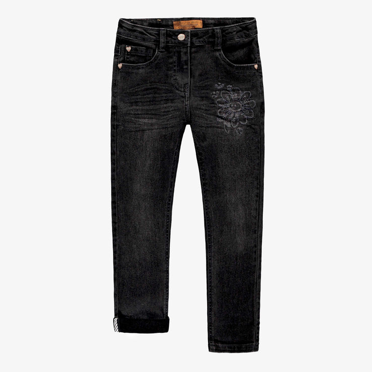 Pantalon en denim noir de coupe étroite avec broderies, enfant || Black denim pants with a slim fit and embroidery, child