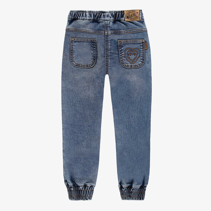 Pantalon coupe régulière de style jogger en denim extensible, bleu moyen, enfant || Regular-fit stretch denim jogger pants, medium blue, child