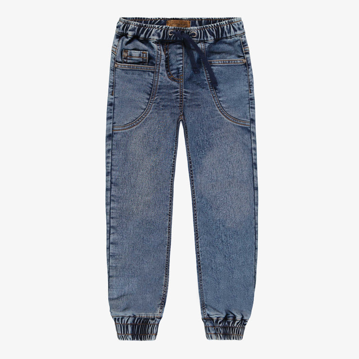 Pantalon coupe régulière de style jogger en denim extensible, bleu moyen, enfant || Regular-fit stretch denim jogger pants, medium blue, child