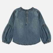 Chemise à manches longues avec broderies en denim léger, bleu moyen, enfant || Long-sleeved shirt with light denim embroidery, medium blue, child